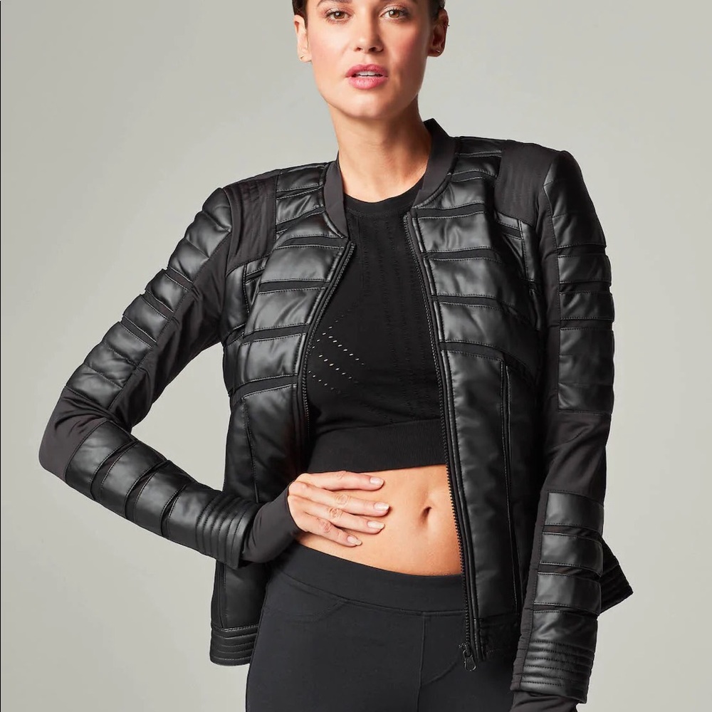 Womens black Jacket Blanc Noir black mesh inset bomber new faux leather black XS